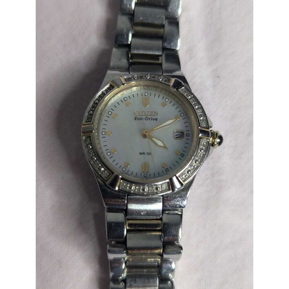 WORKING Citizen Eco-drive‎ Diamond accent 2 tone Womens mother of pearl Watch